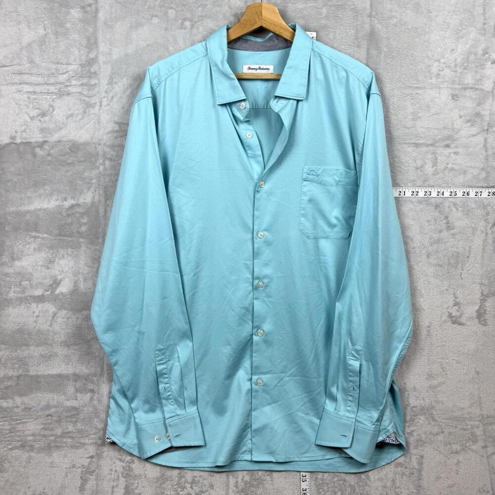 Tommy Bahama Aqua Blue Long Sleeve Shirt Men XL Tall Silk Cotton Blend Casual